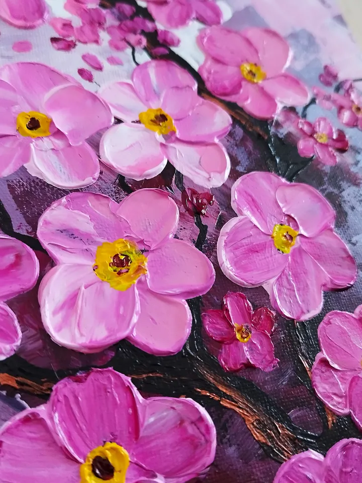 Cherry blossom acrylic painting impasto artwork