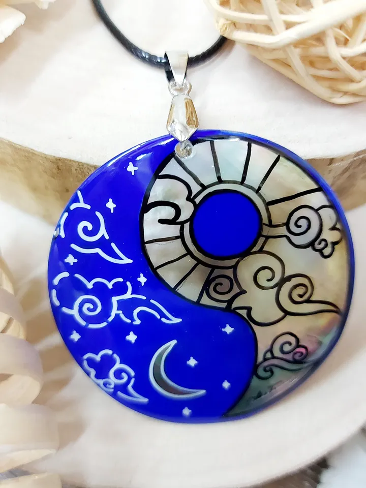 Mother-of-pearl Russian necklace with hand-painted pendant "Yin-Yang. Day-Night" Hand-painted Necklace Pendant