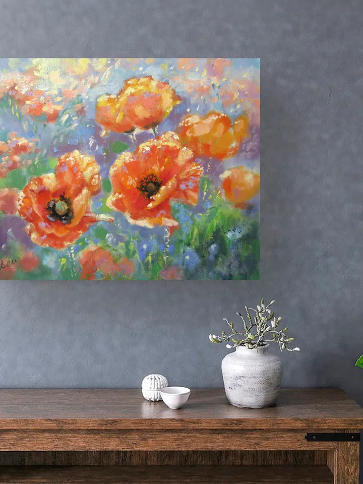 Poppy Painting Original Art Red Flower Impressionism Artwork Blooming Meadow