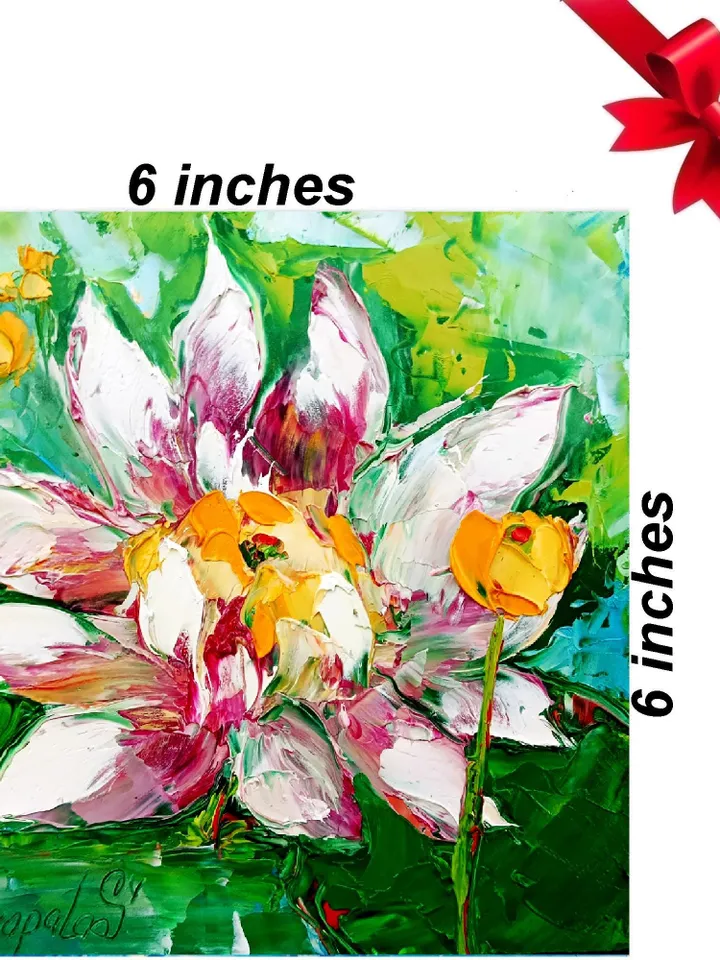 Lotus Painting Water Lily Original Art Impasto Painting Floral Oil Artwork 6x6 inches Flower Gifts by ArtProkopaloSv
