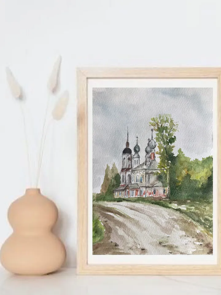 Old church landscape modern wall art hand painted original watercolour painting