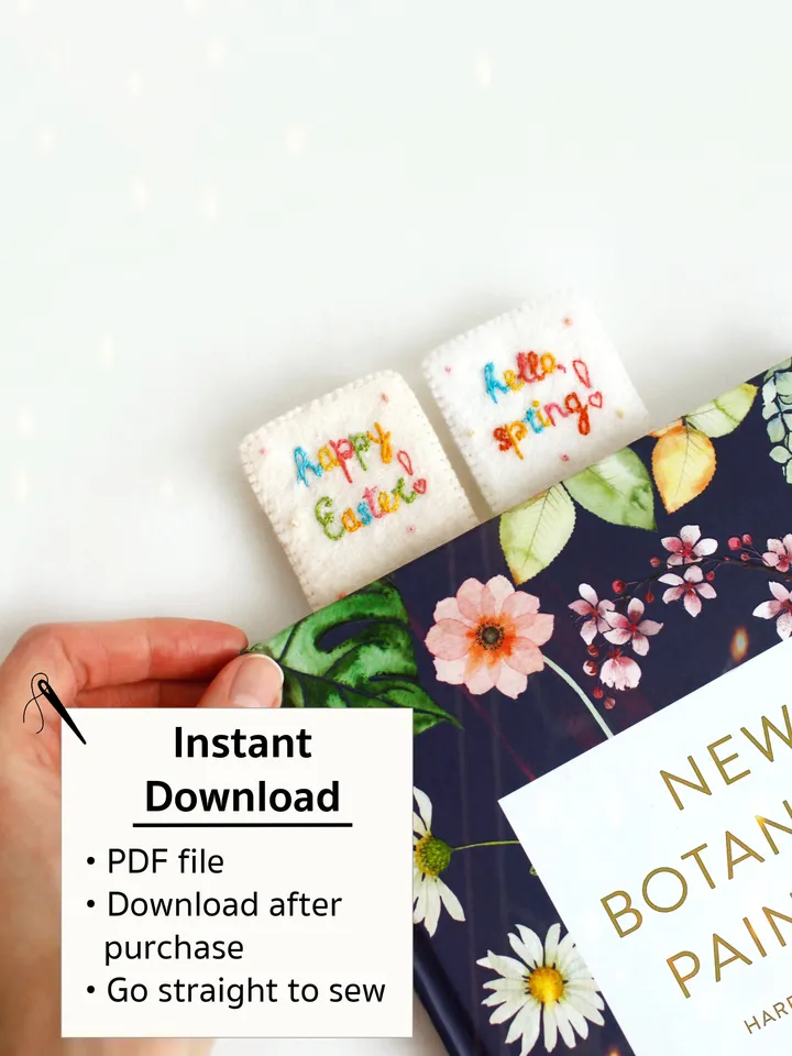 Felt "hello, spring!" and "happy Easter!" bookmarks hand sewing PDF tutorial with patterns. DIY Easter ornament. Book lover gift. Felt school supplies