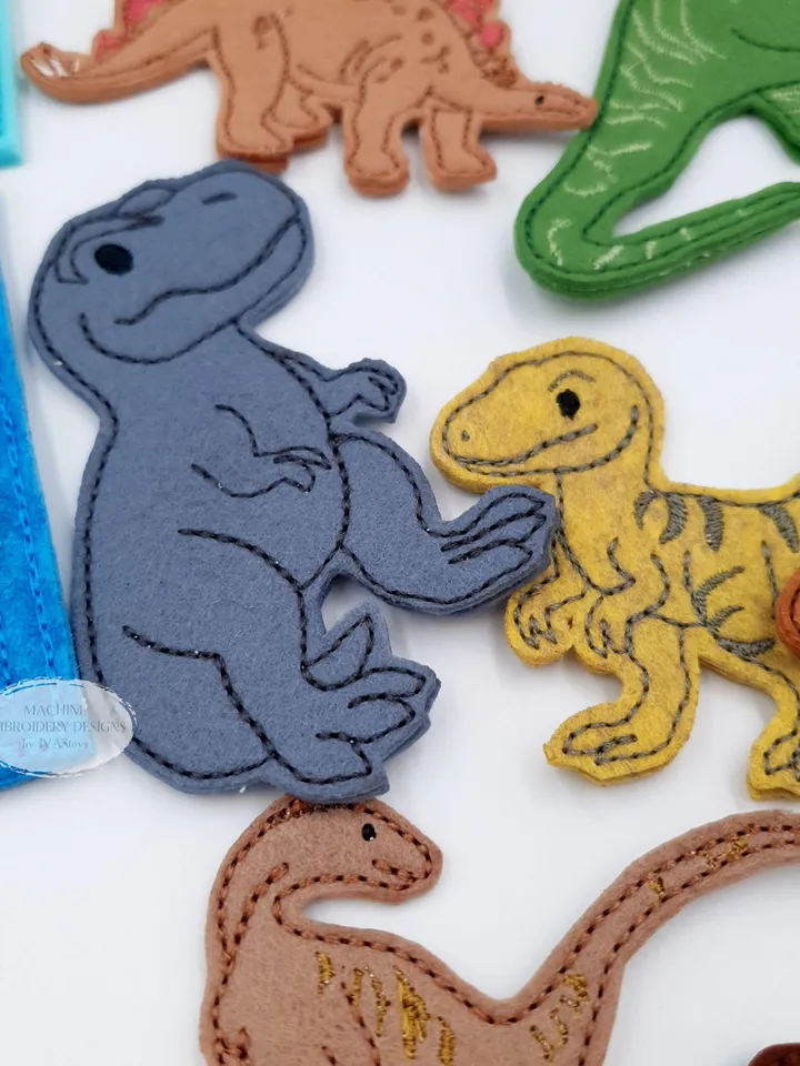 Dinosaur Finger Puppet Machine Embroidery Designs | ITH Dino Felt Toy Pattern Set with Volcano & T-Rex | Quiet Book Storytelling | 5x7 Hoop