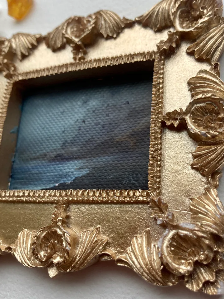 Small Landscape Oil Painting Framed Original Foggy Coast Painting Antique Ocean Art Gold Frame Tiny Paintings 3 x 4 Birds Art