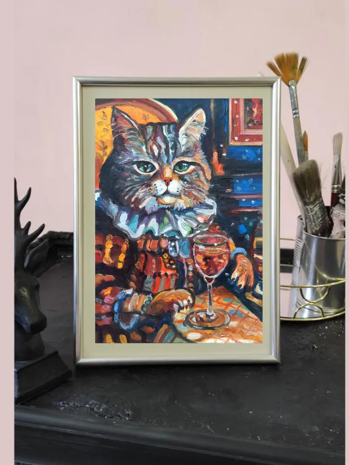 Funny Cat grey with a glass Oil Painting Impasto Artwork Oil on canvas 8*6 inc