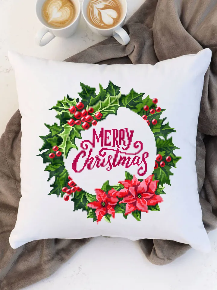 Christmas wreath cross stitch pattern PDF Poinsettia wreath cross stitch chart, Holiday cross stitch Instant download PDF, Holly berry #N17