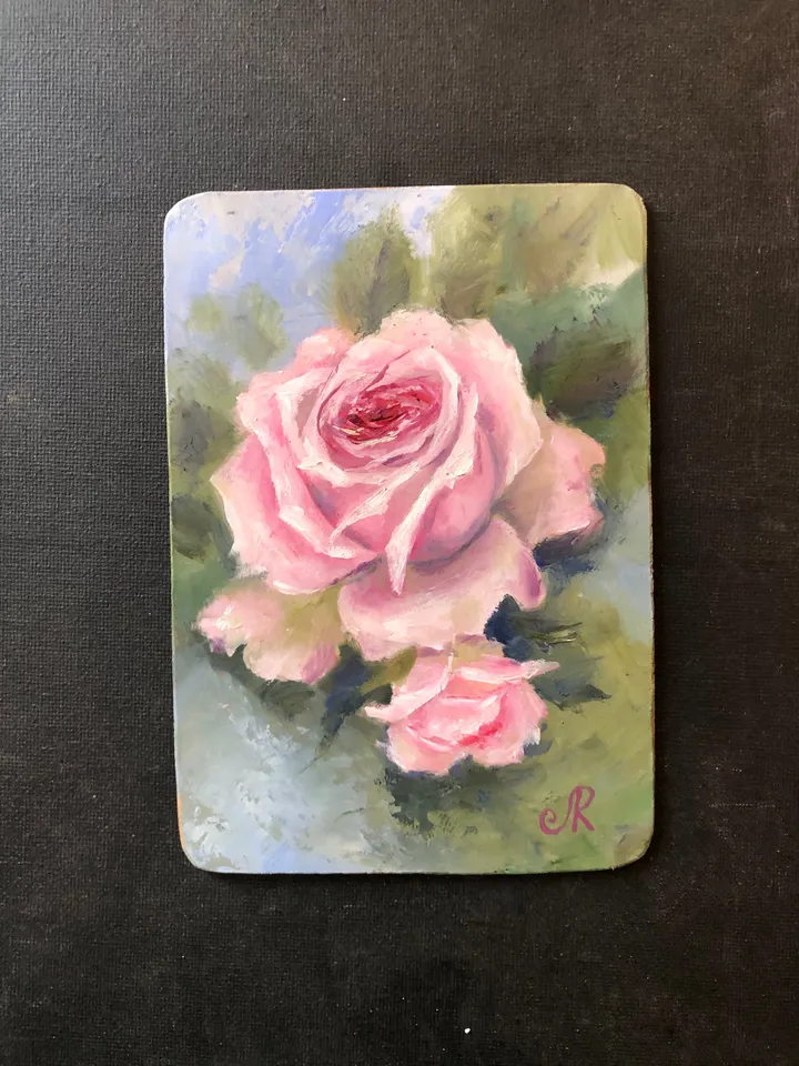 Pink Roses Painting Framed Antique Metal Frame Shabby Chic Painting