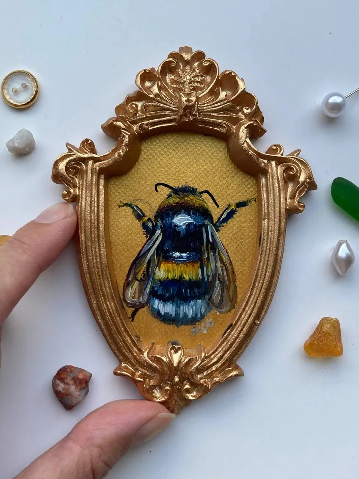 Framed Bumblebee Oil Painting Original Entomology Art Bee Painting Victorian