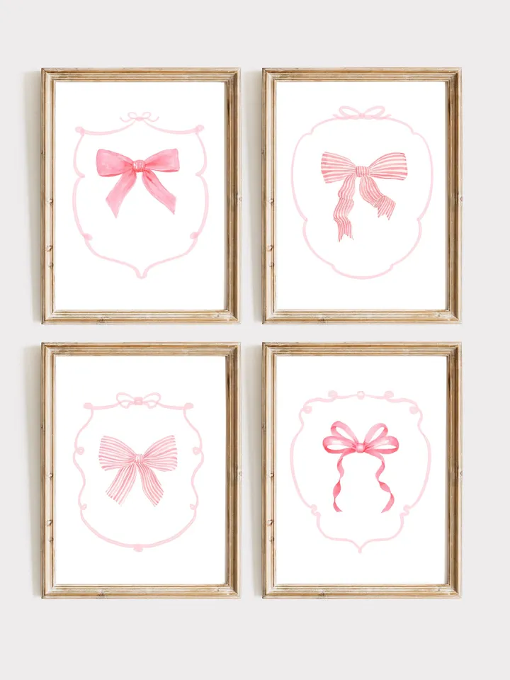 Pink Bow Set Of 4 Watercolor Painting, Love Shack Fancy, Preppy Girls Gift, Baby Bow Art, Nursery Decor, Watercolor Bow, Little Girl Nursery