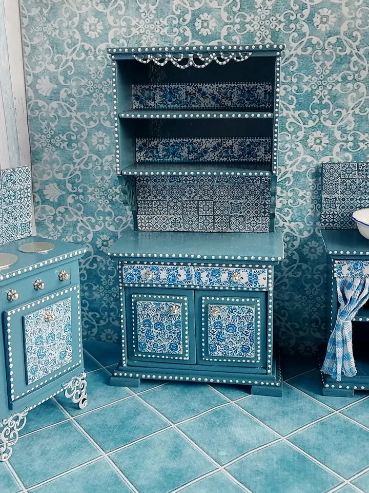 A set of kitchen furniture for a dollhouse. 1:12. Puppet miniature.