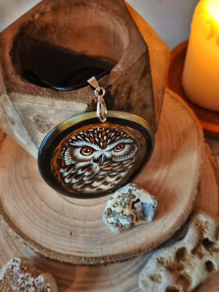 Russian jewelry pendant: Brown Snow owl painted on pearl necklace • Stylish folk art on handmade jewelry • Soviet Fedoskino style lacquer