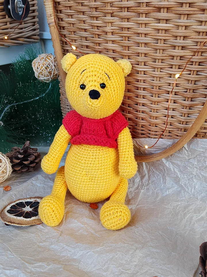 Cotton Plush Winnie the Pooh stuffed toy. Yellow teddy bear stuffed toy. Baby shower toy plush yarn