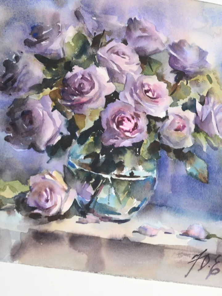 Lilac rose in glass / Original watercolor painting