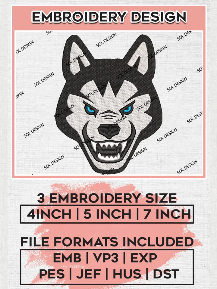 NCAA Northeastern Huskies Football Team Head Mascot Logo Embroidery Design Files, NCAA Northeastern Huskies Machine Embroidery, NCAA Teams, Game Day, 3 sizes, NCAA Machine embroidery designs, Digital Download