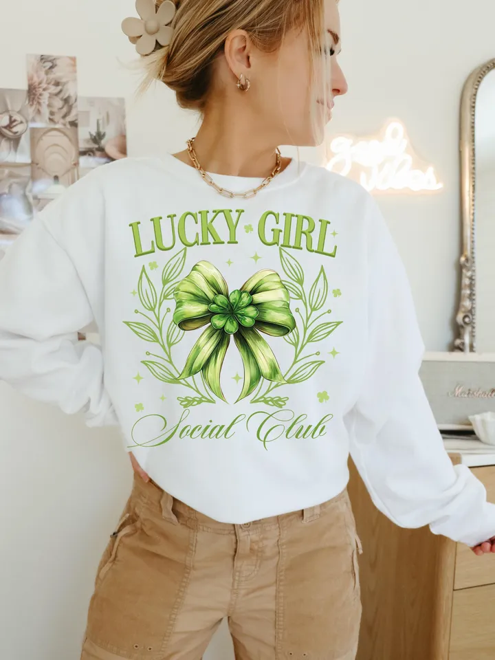 Lucky Girl Social Club Png St. Patrick’s Day Bow png, St Patricks Coquette PNG, Green Coquette PNG, 4 leaf clover png, St Patrick's Day png