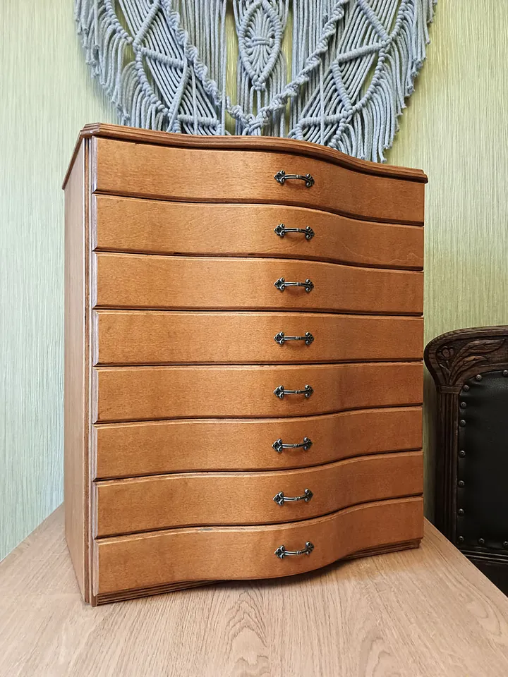 Floss storage cabinet for DMC floss bobbins and skeins, Stitching drawer box with curved faces in vintage style