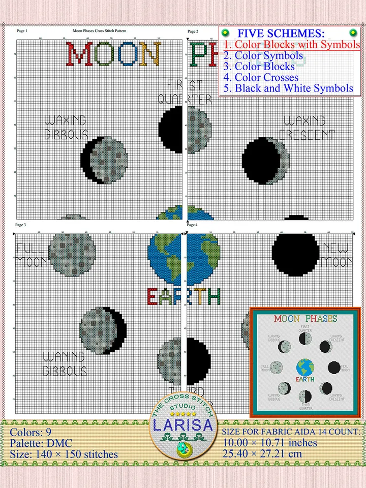 Moon Phases Cross Stitch Pattern | Lunar Phases Chart