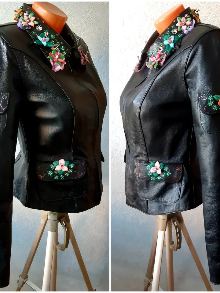Ladie's Genuine Soft Lambskin Leather Jacket in Black. Handmade Embroidered Lacing Jacket with Pockets. New Casual Style Leather clothes.