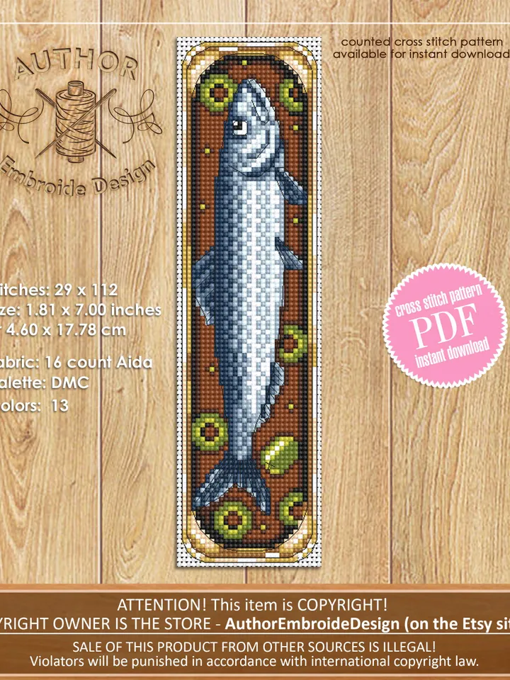 Sardine bookmark cross stitch pattern PDF download Canned sardine with olives cross stitch chart, Funny bookmark pattern digital PDF #B438