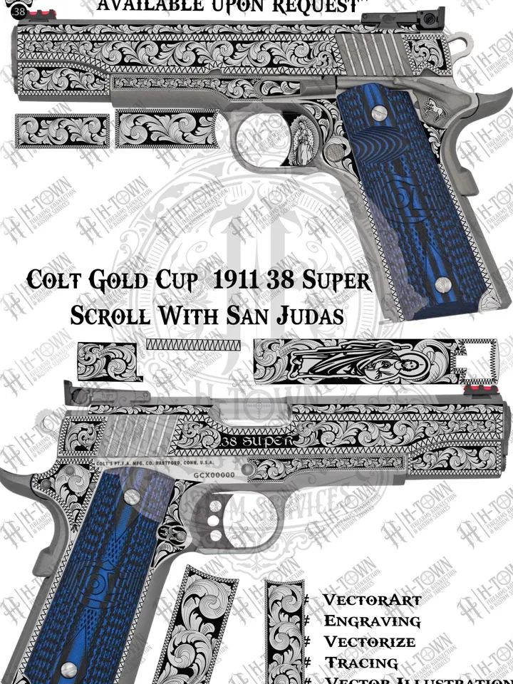 Colt Gold Cup 1911 .38 super San Judas Scroll With Engraving | Religious Grip & Slide Vector Design | Svg PNG EPS AI | Laser Ready Art