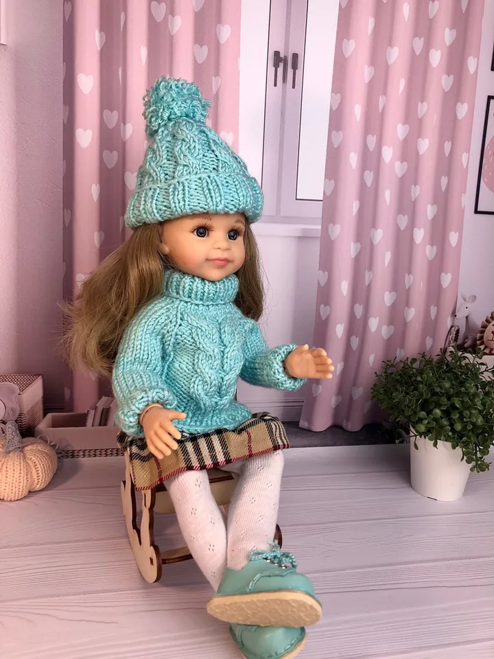 Paola Reina Doll 5 ITEMS Set: Exclusive Handmade Outfit - Sweater, Skirt, Tights, Shoes, Hat with braid