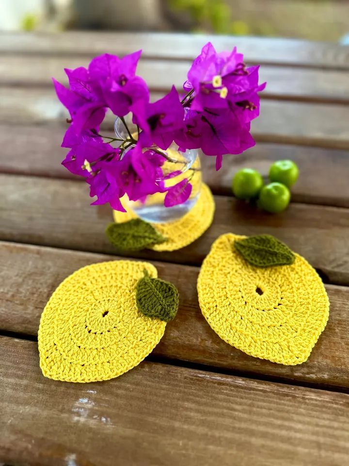 CROCHET Lemon Coaster with Leaf pattern | Download PDF | Tutorial and Video Easy crochet | Summer home decor | kitchen decor | simple gift