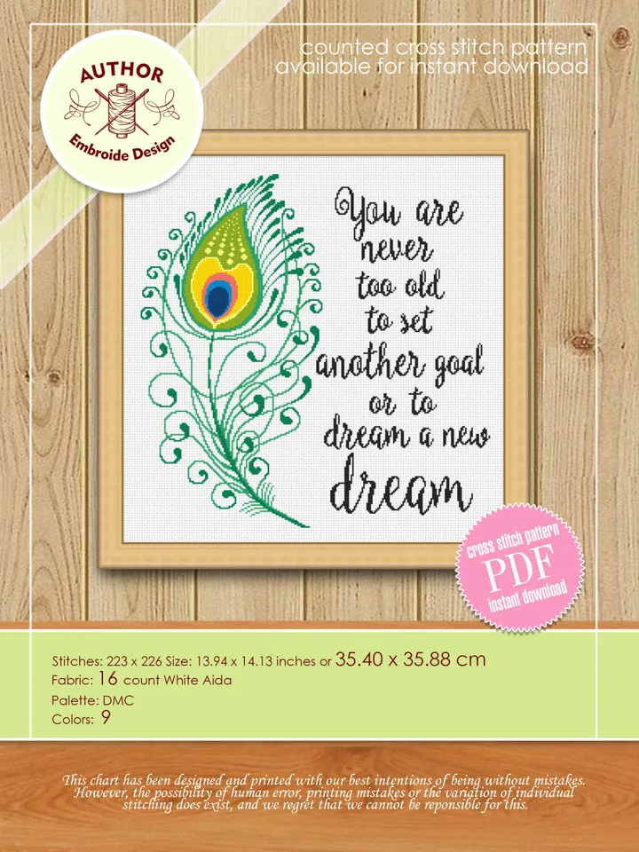 Motivational quote cross stitch pattern PDF download Peacock feather cross stitch chart, Inspirational quote pattern digital PDF #Q8