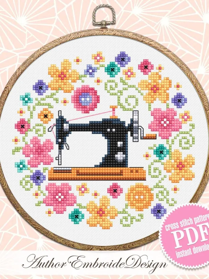 Floral sewing machine cross stitch pattern PDF instant download Sewing cross stitch chart, Floral pattern digital PDF Sewing room decor #O24