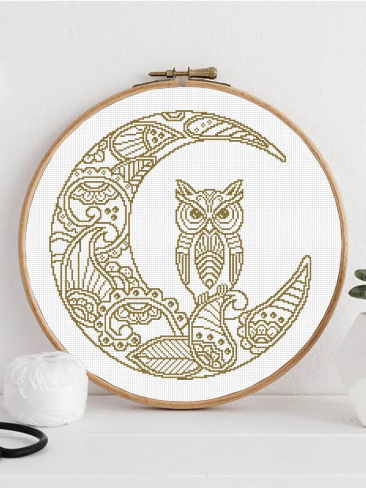 Crescent moon cross stitch pattern download PDF Mandala pattern PDF, Monochrome embroidery beginner, Owl cross stitch chart, Home decor #M95