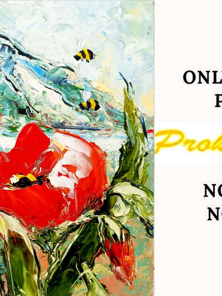 Poppy Painting Honeybee Original Art Impasto Oil Painting Floral Wall Art 8x8 by ArtProkopaloSv