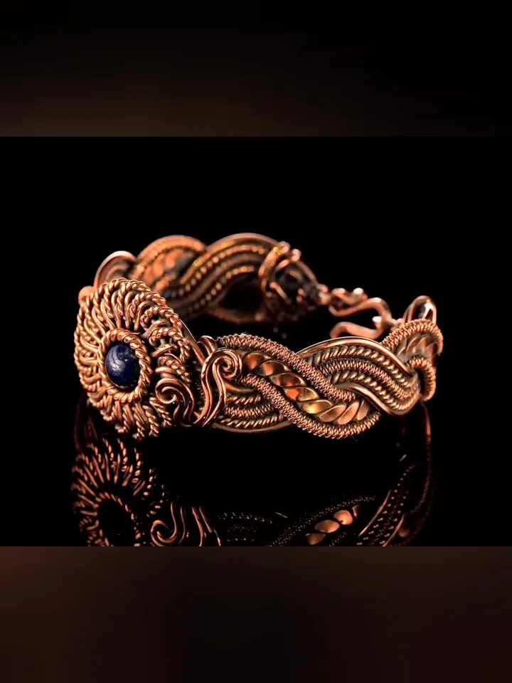 Copper wire wrapped Lapis lazuli bracelet for woman, Statement flower jewelry, 7th Anniversary gift for her woman, Unique copper jewelry, Braided Art Nouveau antique style bracelet, Oxidized pure copper, Handmade