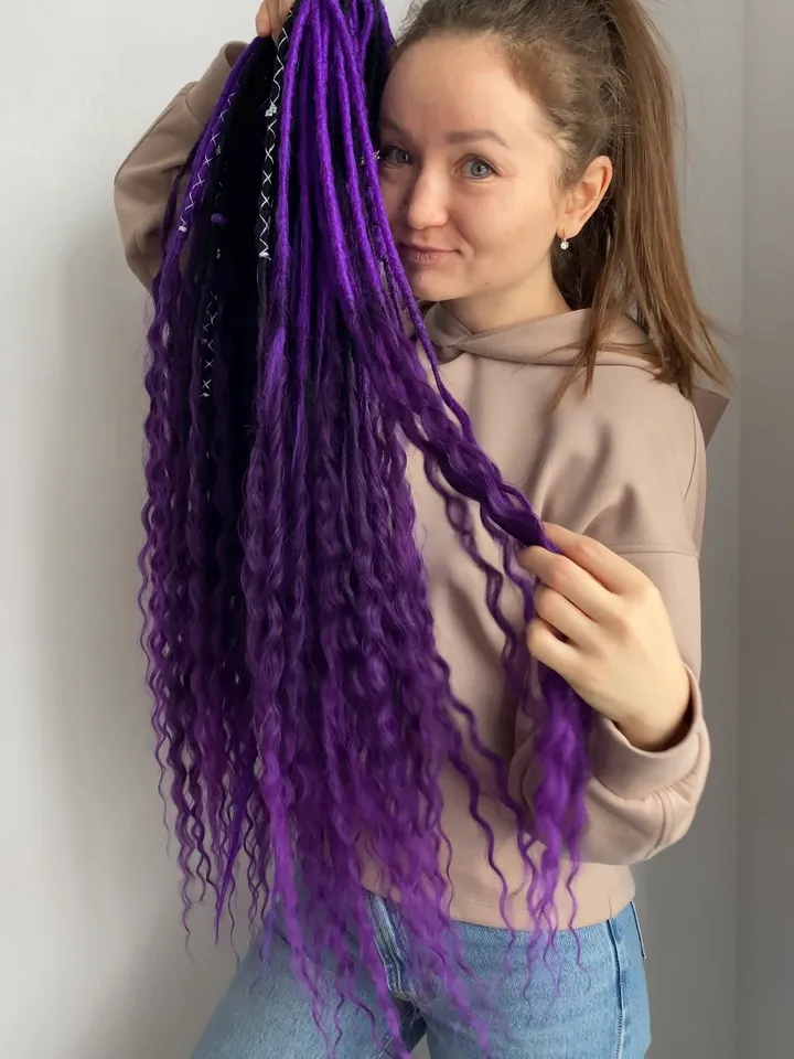 Black and purple Synthetic Double Ended Dreadlocks with curly ends, Ready to ship