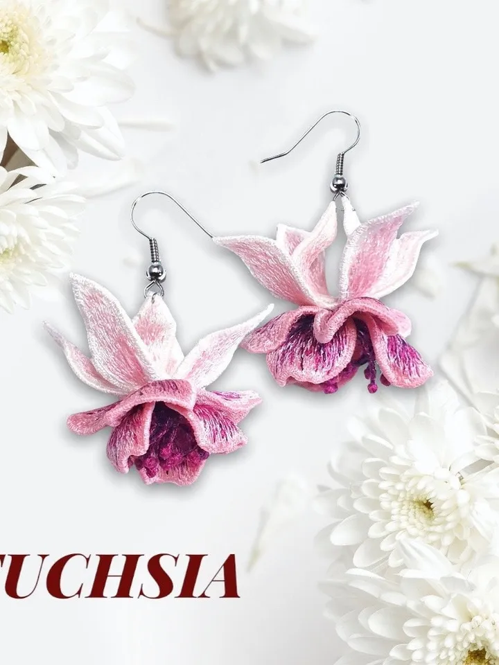 Fuchsia FSL machine embroidery designs Free standing lace embroidery pattern 3D flower embroidery motif Flower FSL embroidery Earrings FSL