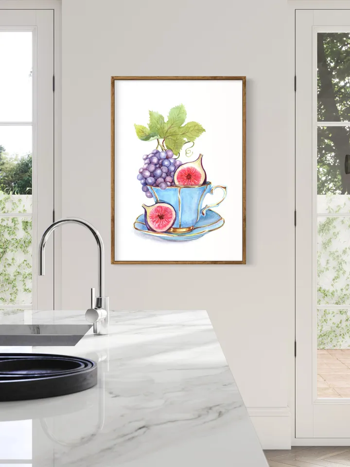 Tea Cup Watercolor Painting Print Fruit Watercolor Tea Lovers Vintage Tea Cup Art Figs Tea Party Decor Gift For Tea Lover Print Wall Art