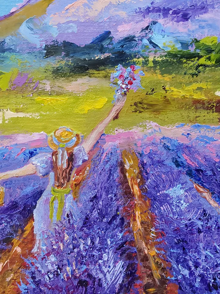 "Landscape. Girl in a lavender field" oil painting on canvas 40x30cm (16x12inch)