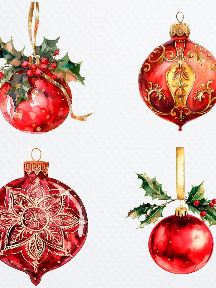 20 Red Bauble PNG Bundle, Christmas Bauble Printable Watercolor clipart for sublimation, Digital download, High Quality, Paper craft