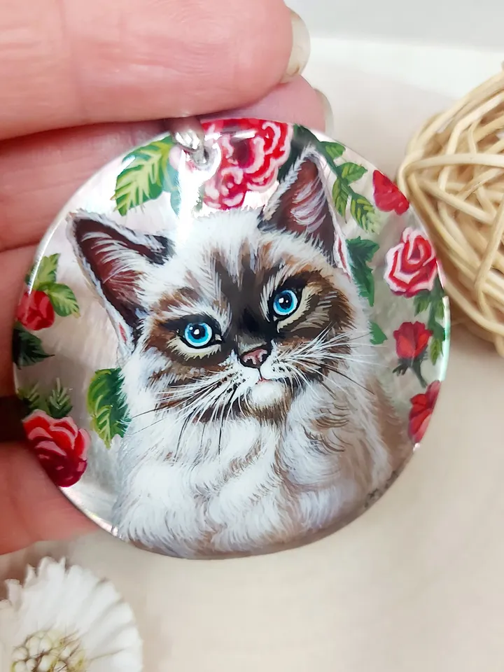 Mother-of-pearl Russian hand-painted necklace pendant "Cat in Flowers" Hand paint necklace pendant Cat pendant
