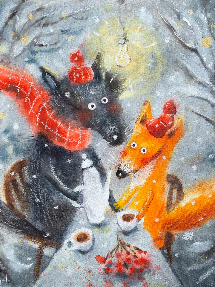27×27cm Artwork by Julia Schigal "Winter Rowan" - watercolor, gouache, pastel