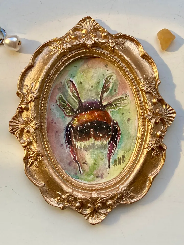 Framed Bumblebee Oil Painting Original Entomology Art Bee Painting Oval Frame