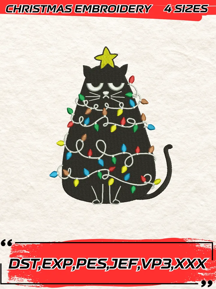 Black Cat Christmas Embroidery Design,Christmas Embroidery Design,4 Sizes, Digital Download