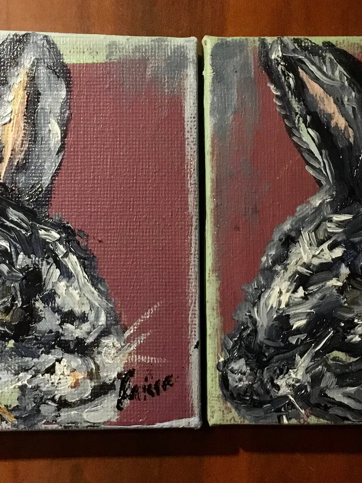 Set of 2 black rabbits painting,bunnies diptych painting original oil painting on small canvases,miniature love uniqie gift paintin