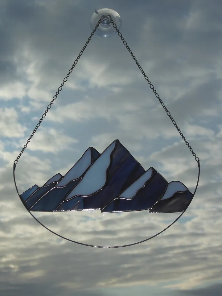 Mountains . Art Stained Glass window hanging Panel Suncatcher . landscape , garden outdoor decor