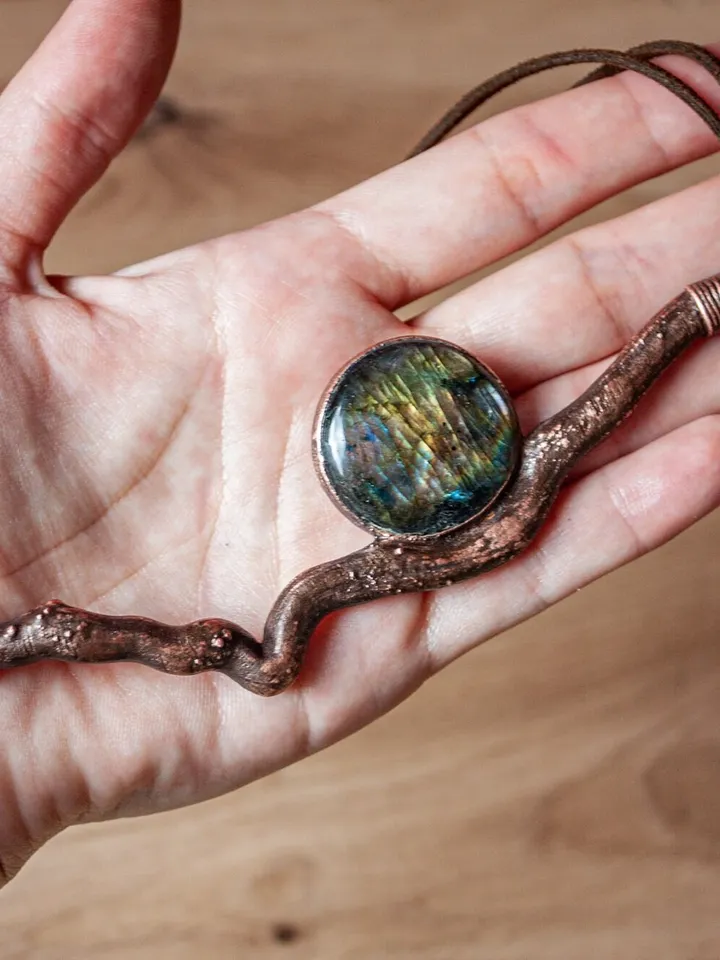Copper pendant - choker made from natural stick using electroforming with natural labradorite stone