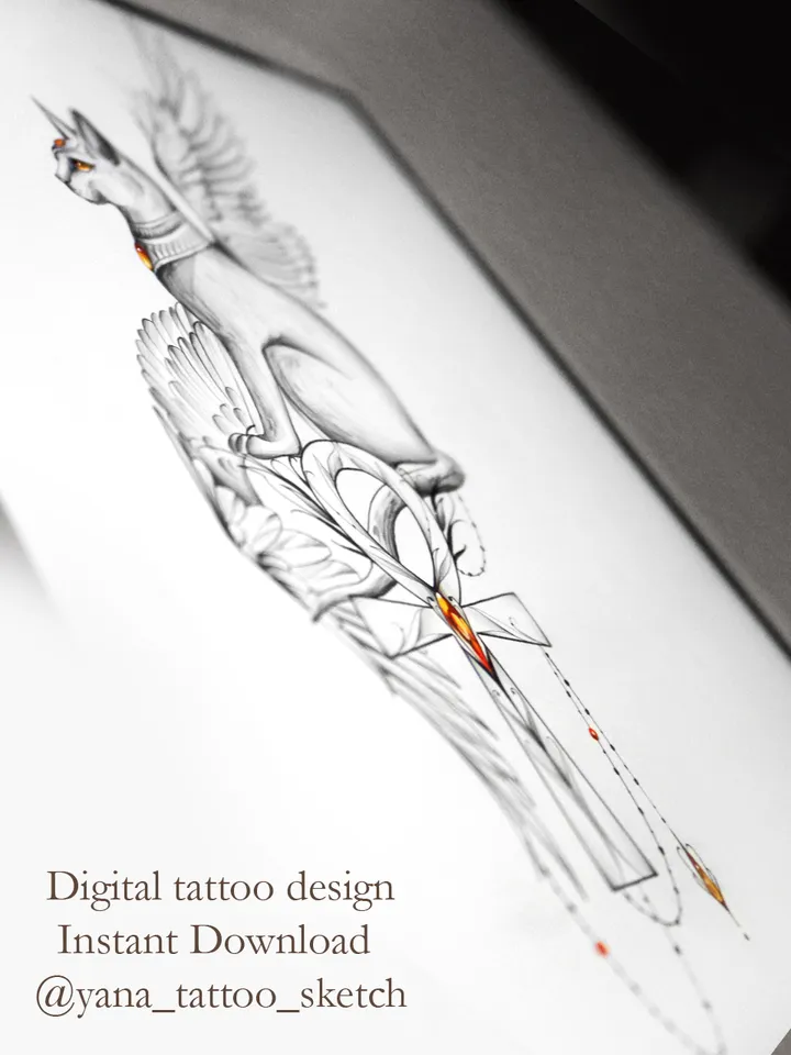 Bastet Tattoo Design Egyptian Cat Tattoo Idea Symbol Egyptian Ankh Tattoo Drawing, Instant download PDF, JPG, PNG