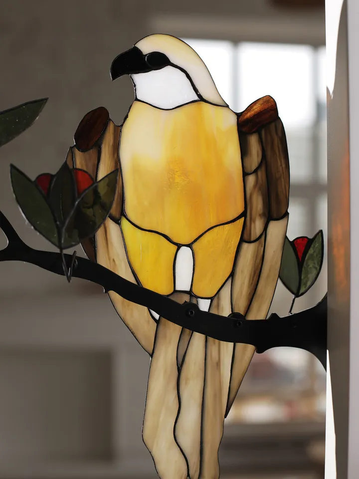 Falcon on a Branch Stained Glass, Tiffany-Style Stained Glass Falcon, Falcon Stained Glass Suncatcher, Handcrafted Falcon on Tree Branch, Tiffany Art Glass – Falcon Design, Elegant Falcon Stained Glass Panel, Nature-Inspired Falcon Tiffany Window Hanging