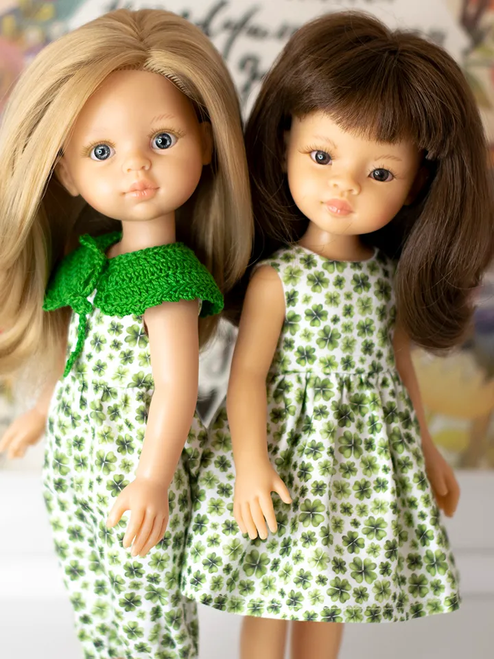 St Patrick's Day overall for dolls Paola Reina, Siblies Ruby Red, Little Darling, Minouche, 13 inch doll green clothes
