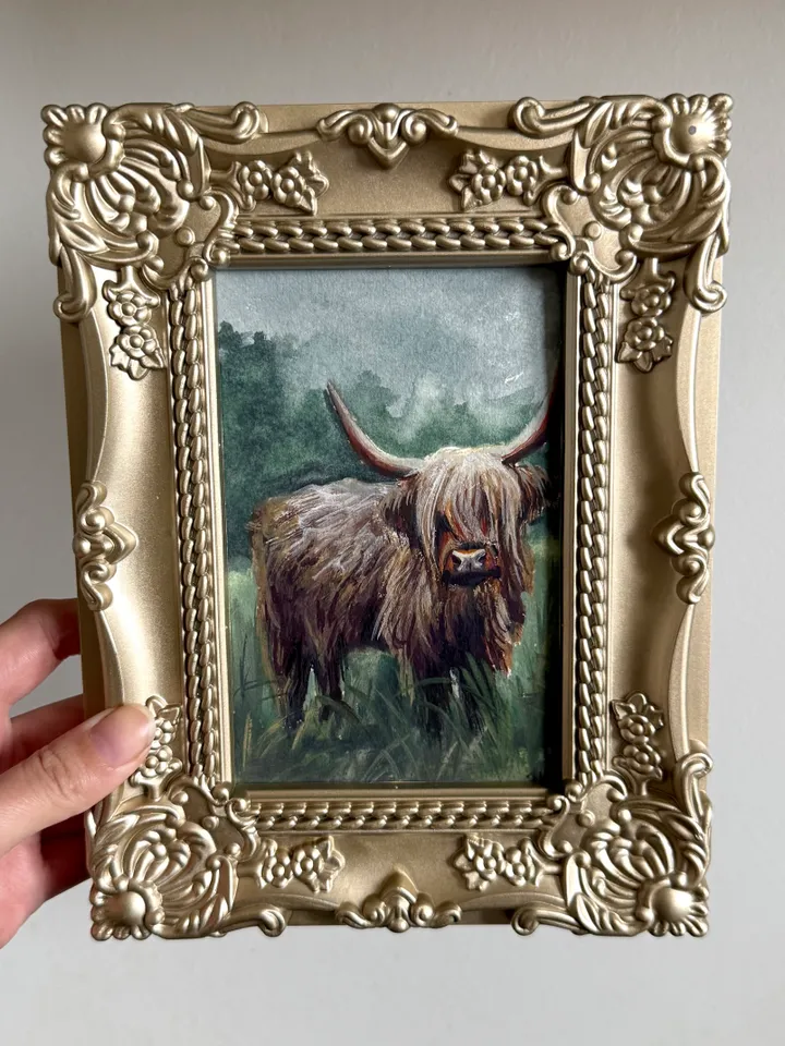 Framed Cow Gouache Painting Original Young Calf Art Framed Animals Decor Dark Cottagecore Art