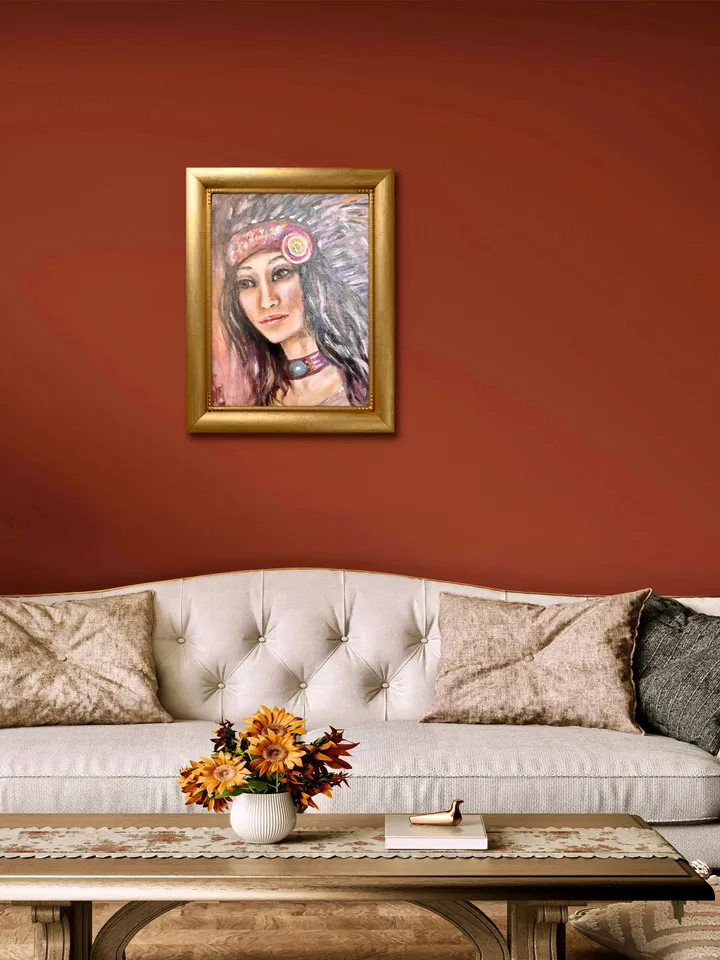 Native American queen original acrylic painting on canvas board,woman in national cloths,home decoration wall art,one of a kind.