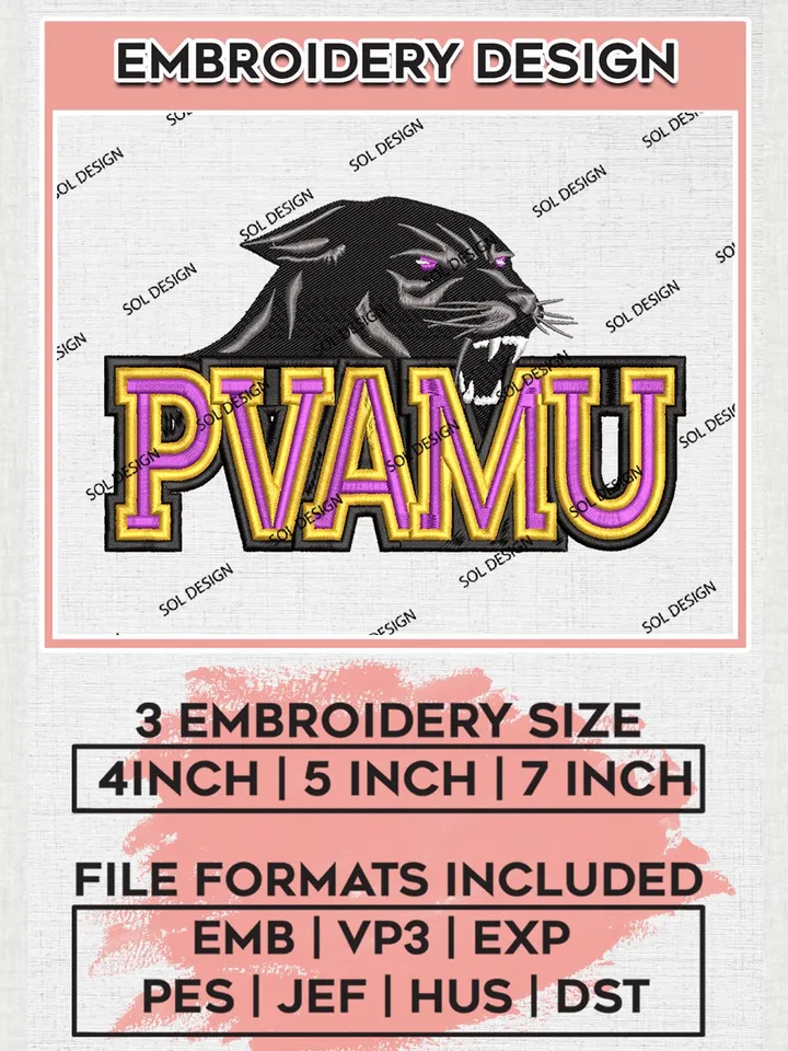 NCAA PVAMU Panthers Team Logo Machine Embroidery Design, NCAA Prairie View A&M Panthers Team Design Design files, NCAA Team Embroidery Designs, NCAA Machine Embroidery Designs, Digital Download