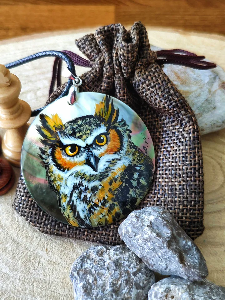 Pearl pendant necklace: Wise and Mysterious Eagle owl on handmade lacquer pendant • Statement wild bird • Aesthetic boho ethnic owl necklace